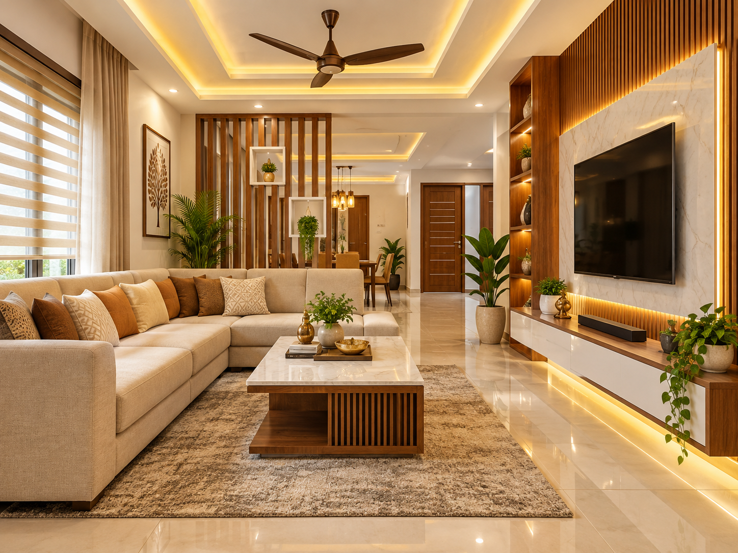 Living room with chandelier, wall mural and sofa layout